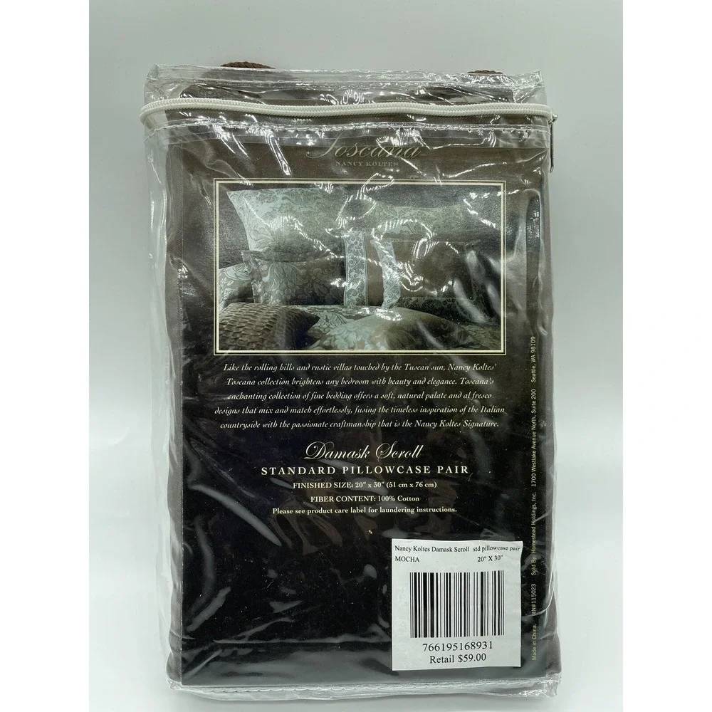 Nancy Koltes Toacana Collection Damask Scroll Mocha Standard Pillowcase 2‎ New
